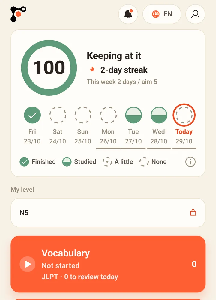 Top of the Forple app home screen: study streak, current level and a vocabulary card.