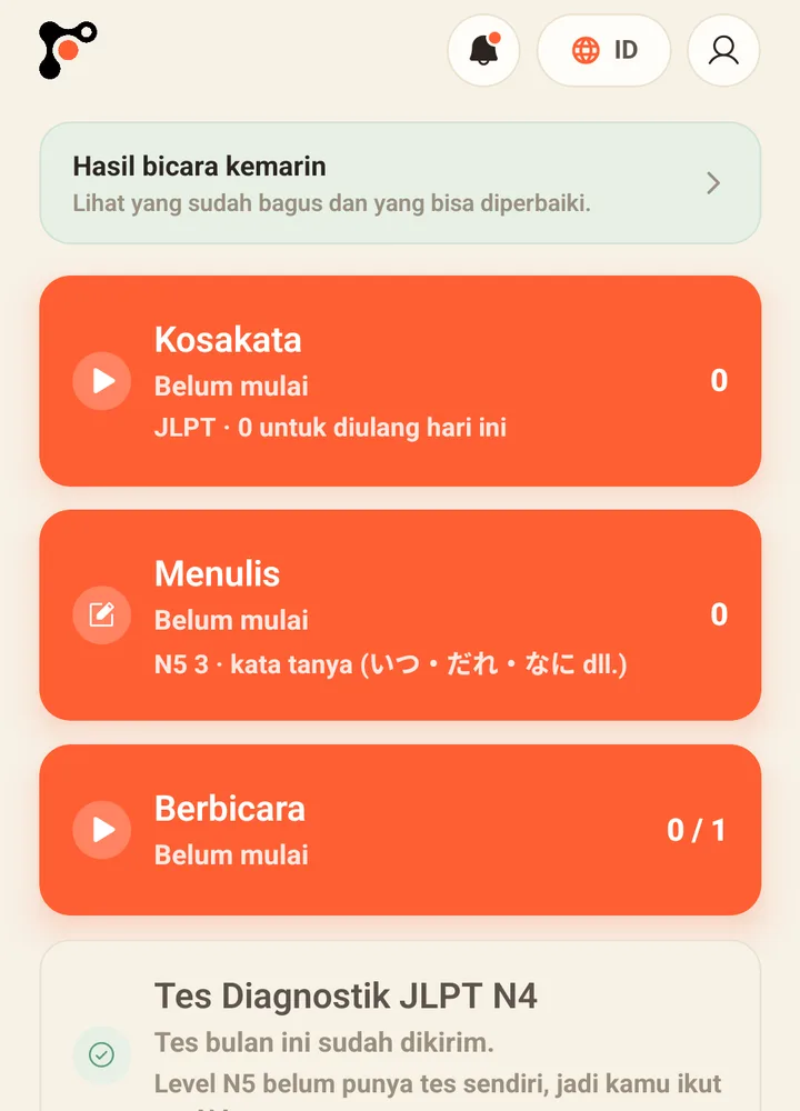 Bagian atas layar utama aplikasi Forple: kartu Kosakata, Menulis, dan Berbicara.
